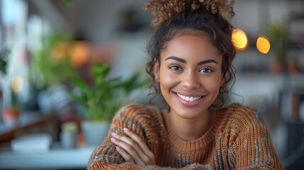 Smiling woman with curly hair in sweater, seated in a bright cafe with blurred greenery background