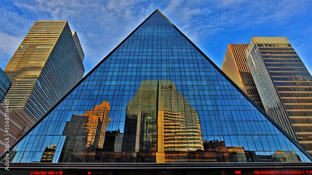 Poster angular glass architecture with sharp reflections and raw style