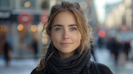 Woman with wavy hair, scarf, and jacket smiles on a blurry city street