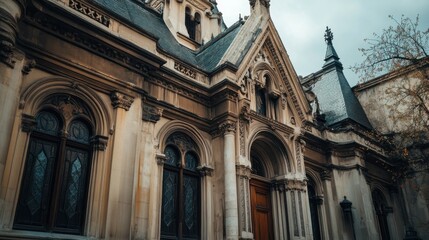 Fototapeta premium Elegant European Church with Intricate Carvings and Prominent Spires