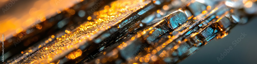 Poster close-up photograph of a layered crystal structure with bokeh background
