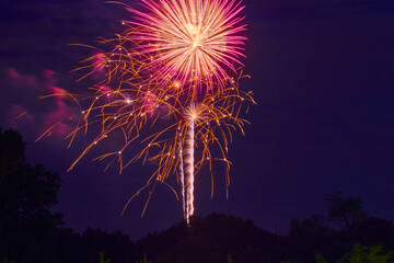 Artistic fireworks lighting up the purple sky of summer celebrating Independence day In United...