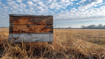 Old wooden box in a dry field, blue sky with clouds