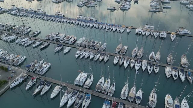 Aerial View of Lefkada Marina with Docked Yachts in Greece