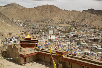 Panoramic view of Leh city and surrounding area from Leh Palace. Leh Palace is 9 storeys high and...