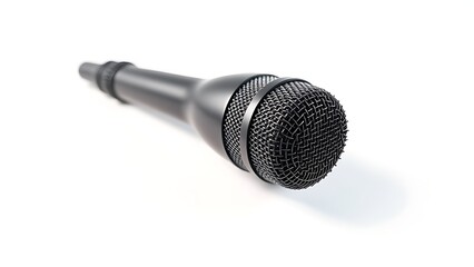 Professional microphone with detailed metal grille on a clean white surface under studio lighting.