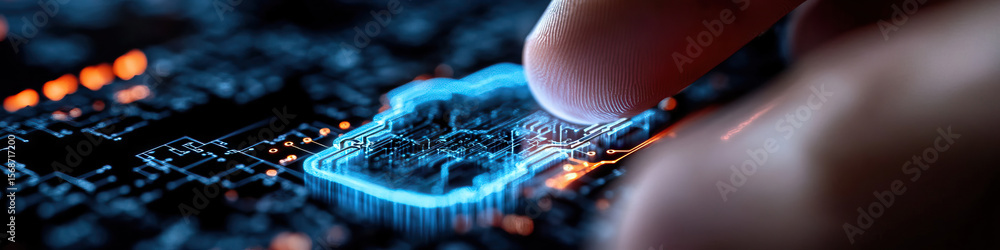 Aufkleber fingertip interacting with illuminated circuit board component