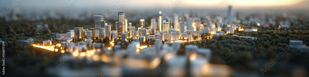 Poster digital rendering of cityscape at dusk with illuminated buildings and roads