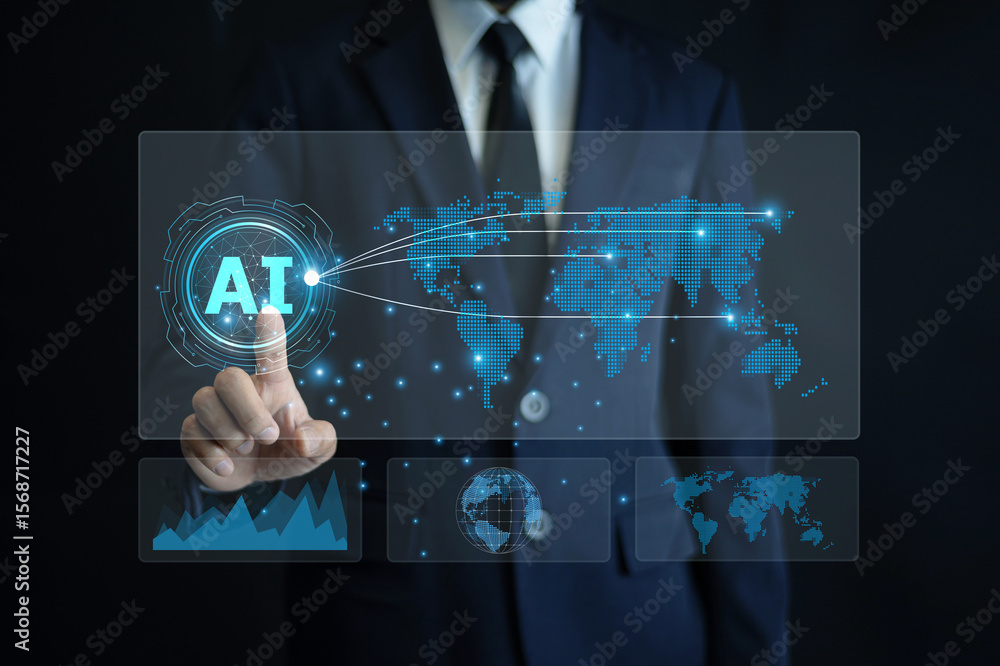Poster ai-powered logistics solution with business professional using digital interface to manage global su