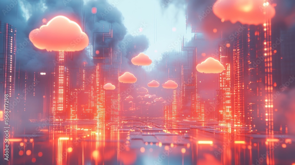 Poster futuristic city with glowing clouds; digital art; virtual world; possible use in tech presentation