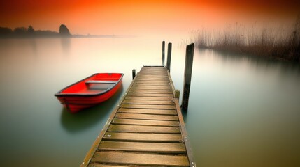 Fototapeta premium Glowing Lake at Sunrise with Vibrant Golden Sky and Dock