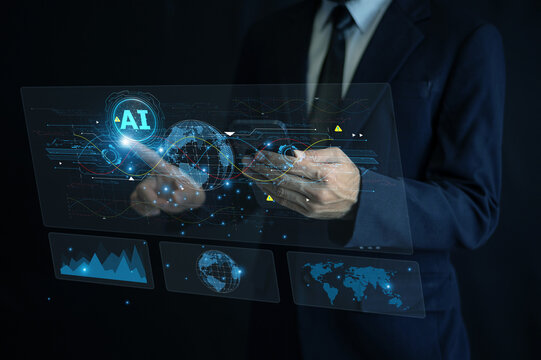 Businessman touching virtual AI interface for smart global logistic management and data-driven transportation optimization system. - Powered by Adobe