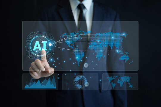 AI-powered logistics solution with business professional using digital interface to manage global supply chain and transport systems.