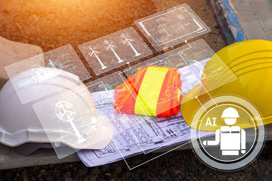 Construction site with AI technology helmet and safety gear for intelligent project management and digital building efficiency. - Powered by Adobe