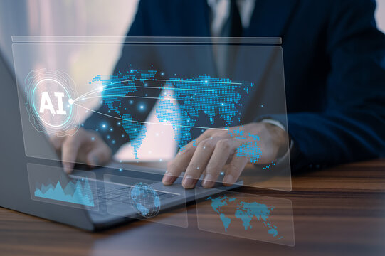 Businessman managing supply chain through AI logistic software using futuristic laptop screen interface in smart transportation workflow. - Powered by Adobe