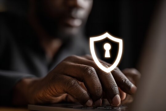 Working on cybersecurity measures while typing on a laptop in a dimly lit room in the evening - Powered by Adobe