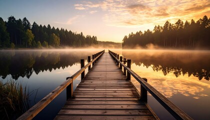 Fototapeta premium A serene wooden pier stretches over a tranquil lake at sunrise, surrounded by lush trees and morning mist.