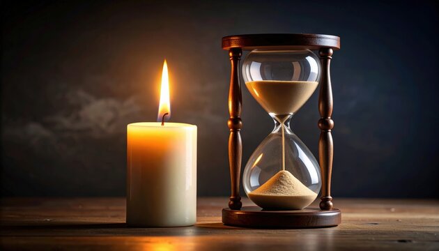 A serene still life featuring an hourglass next to a lit candle, symbolizing the passage of time and the essence of contemplation.