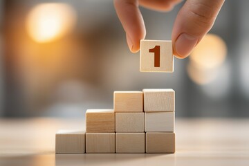 Hand placing wooden block with number 1 on a stack of wooden blocks, symbolizing the start of building or progress. Ideal for themes of achievement, beginning, or success. 