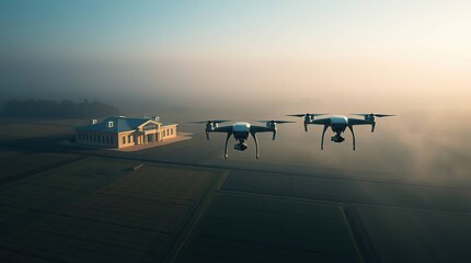 Drones survey farmland near a building