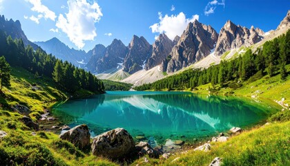 Fototapeta na wymiar Breathtaking mountain landscape with a crystal clear lake surrounded by lush greenery and towering peaks under a bright blue sky.