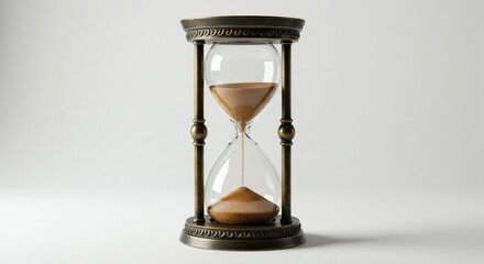 Ornate hourglass, bronze base, clear glass, tan sand