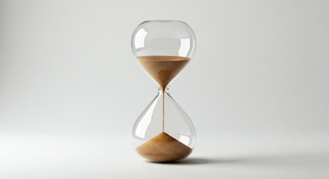 A clear hourglass with amber sand flowing