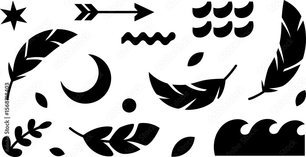 Poster boho chic vector elements set with feathers moon star arrow and waves for graphic design projects