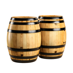 Obraz premium Two rustic wooden barrels with black metal bands arranged closely together isolated on transparent background