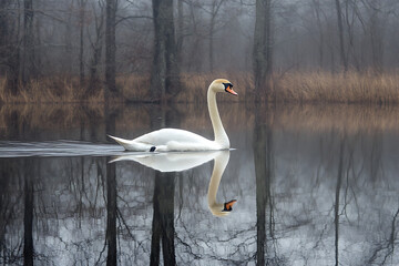 A graceful swan gliding across a serene lake with its reflection perfectly mirrored in the still water