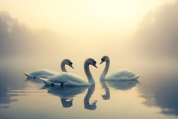 A group of swans swimming together in a dreamy pastel colored lake 