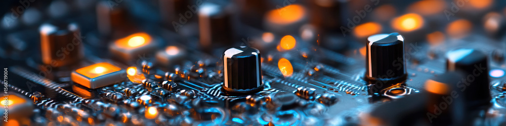 Poster close-up of circuit board with illuminated potentiometers