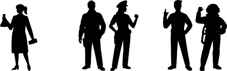 Diverse occupations silhouette vector illustration of scientist police and astronaut professions vector