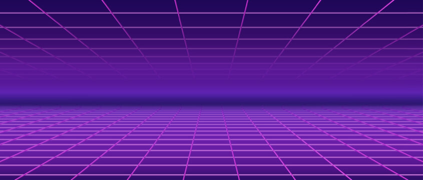 Retro futuristic grid background in purple neon style. Vector synthwave landscape with 80s cyberpunk vibe, perfect for digital designs, posters, games, or music visuals.
