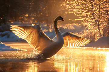 A golden lit scene of a swan stretching its wings with warm sunlight filtering through