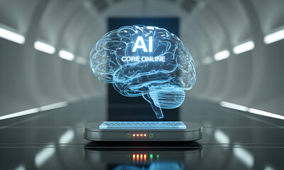 Holographic AI brain displayed, on stand, within futuristic tunnel, background blurred, symbolizing innovation