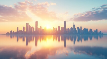 Fototapeta premium Sunrise cityscape skyline over water reflection. Use Stock photo