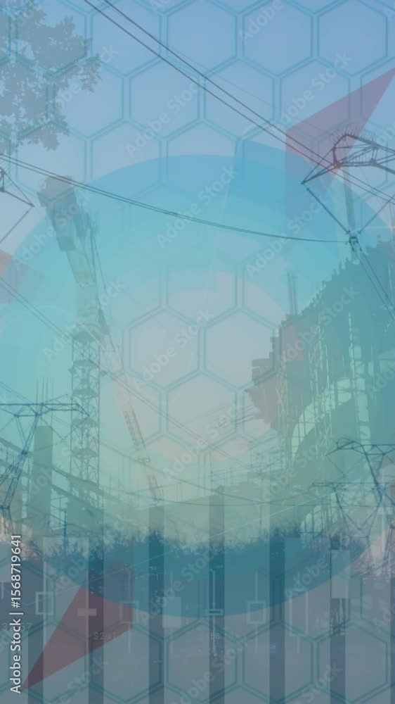 Poster animation of data processing over cityscape and shapes