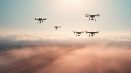 Drones hover over a farmland mystically