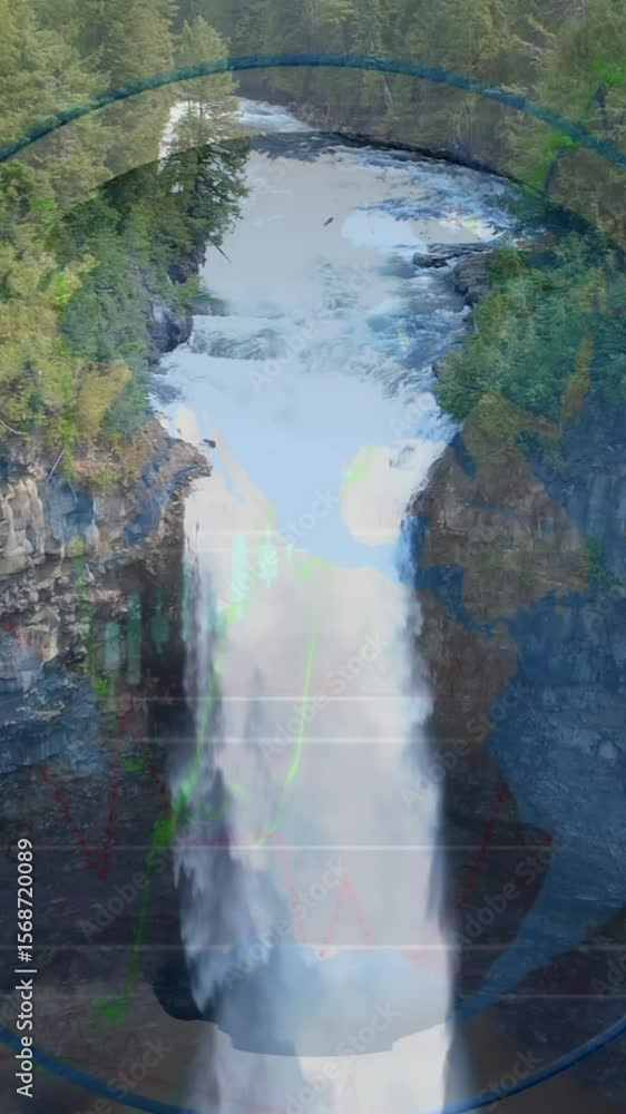 Poster animation of financial graphs and data over waterfall