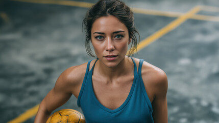 Female basketball player resting outdoors on urban court