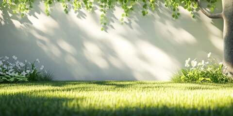 3D cartoon style, spring garden, grass on the floor, white wall, sun rays in the background, 