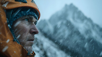 Climber facing blizzard, snowy mountain peak