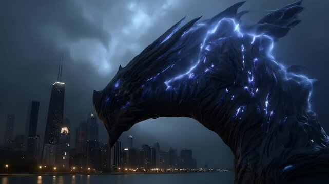 Electric dragon rises from the water facing dark cityscape at night