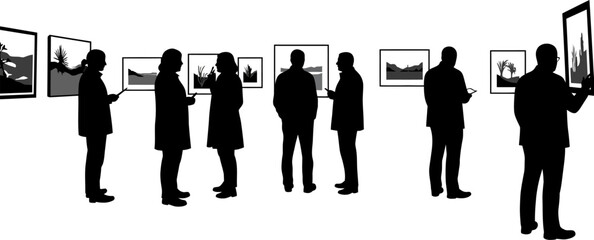 Art gallery exhibition silhouette people viewing paintings modern art show contemporary art display visit