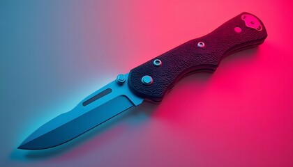Obraz premium Black Tactical Folding Knife with Textured Handle on Pink and Cyan Gradient Background