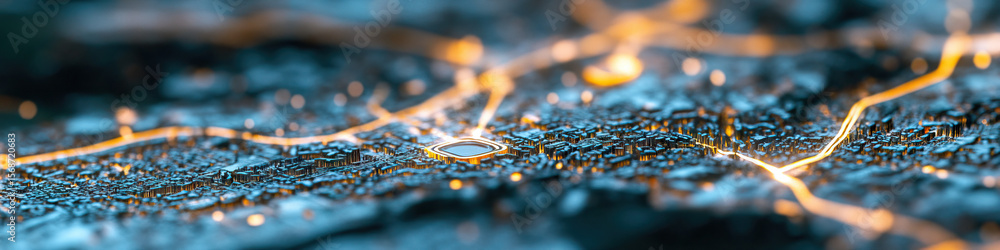 Poster abstract 3d render: glowing pathways on textured cityscape