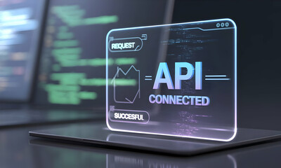 Futuristic interface displays API connection on tablet, laptops blurred in background, illustrating software development