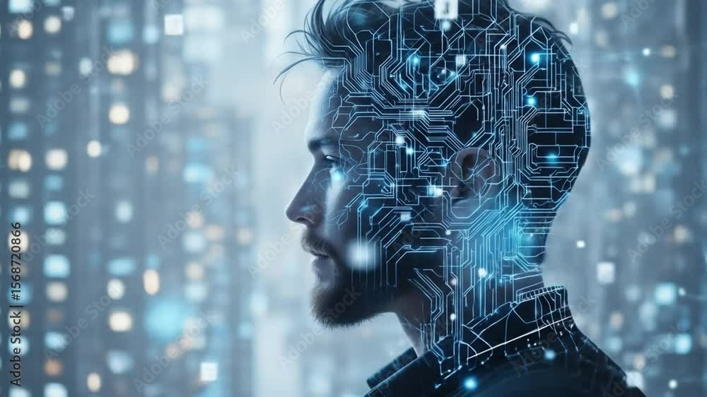 Aufkleber digital network communication of a man with circuit overlay. 4k video