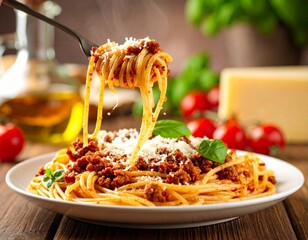 뜨거운 볼로네제 스파게티를 포크로 들어 올리는 장면 A scene of lifting hot spaghetti bolognese with a fork
